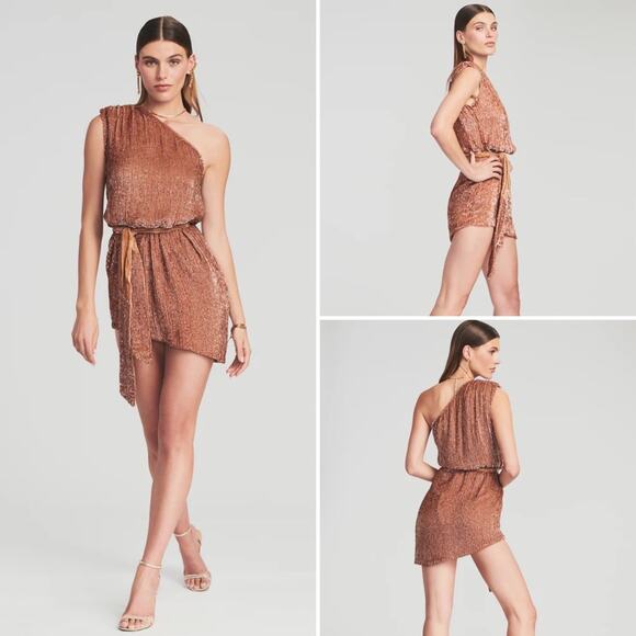 Retrofete Sequins One Shoulder Bronze Velvet Waist Tie Ella Mini Dress L - Picture 4 of 9